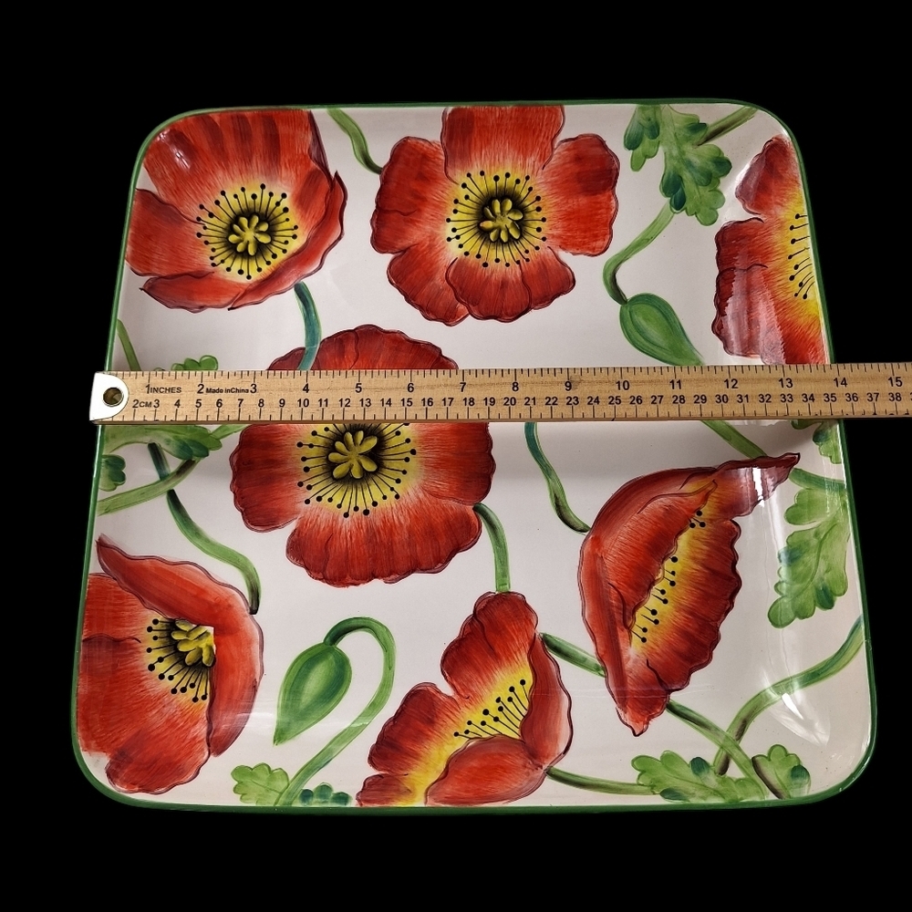 Vintage Clay Art Hand Painted Poppies 2001 Big Platter & Small Plate Red Orange - Picture 5 of 9